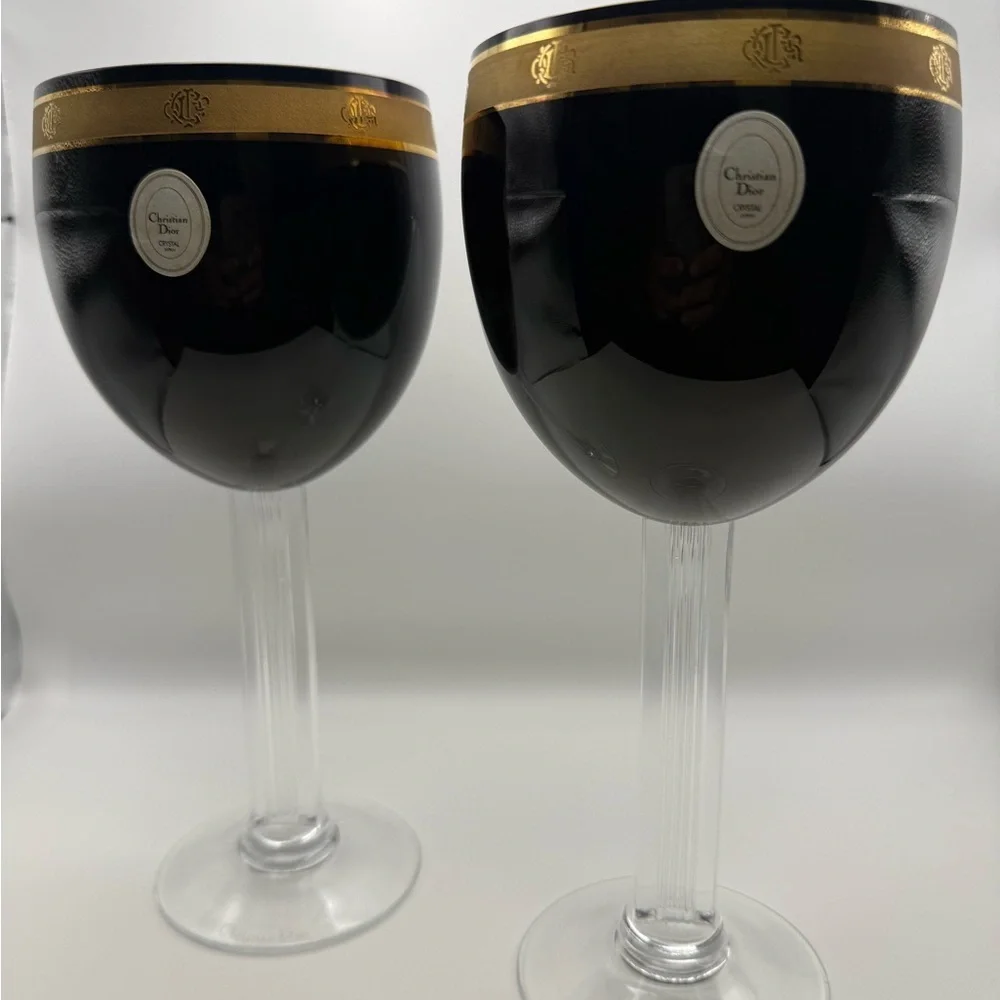 2 VTG Christian Dior Ebony Gold Encrusted Water Goblet Wine Crystal Jpn Stemware